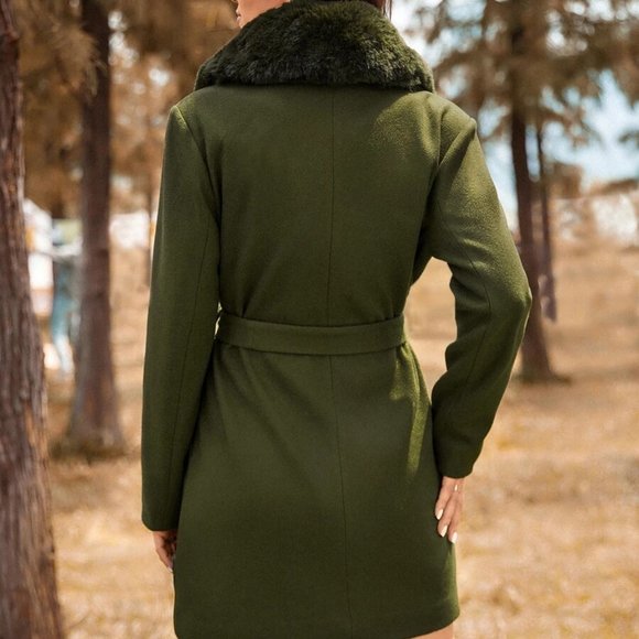 Glamorous Olive Green Faux fur collar Belted Overcoat Jacket Coat - Picture 2 of 6